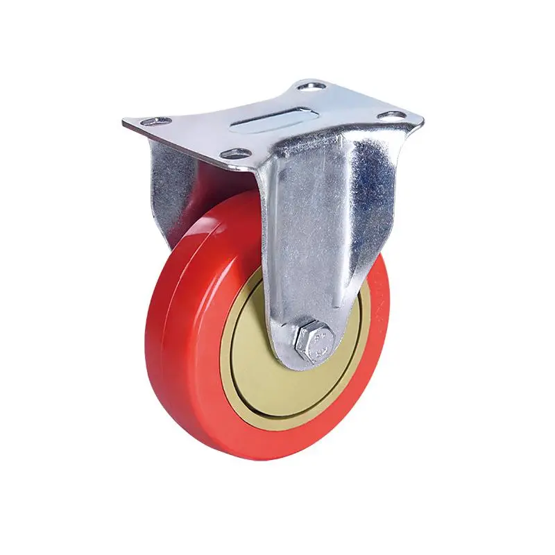 5 Inch 125mm Fixed Stem Brake Swivel Head Top Plate Double Ball Bearing Medium Duty Caster Red PVC Wheels